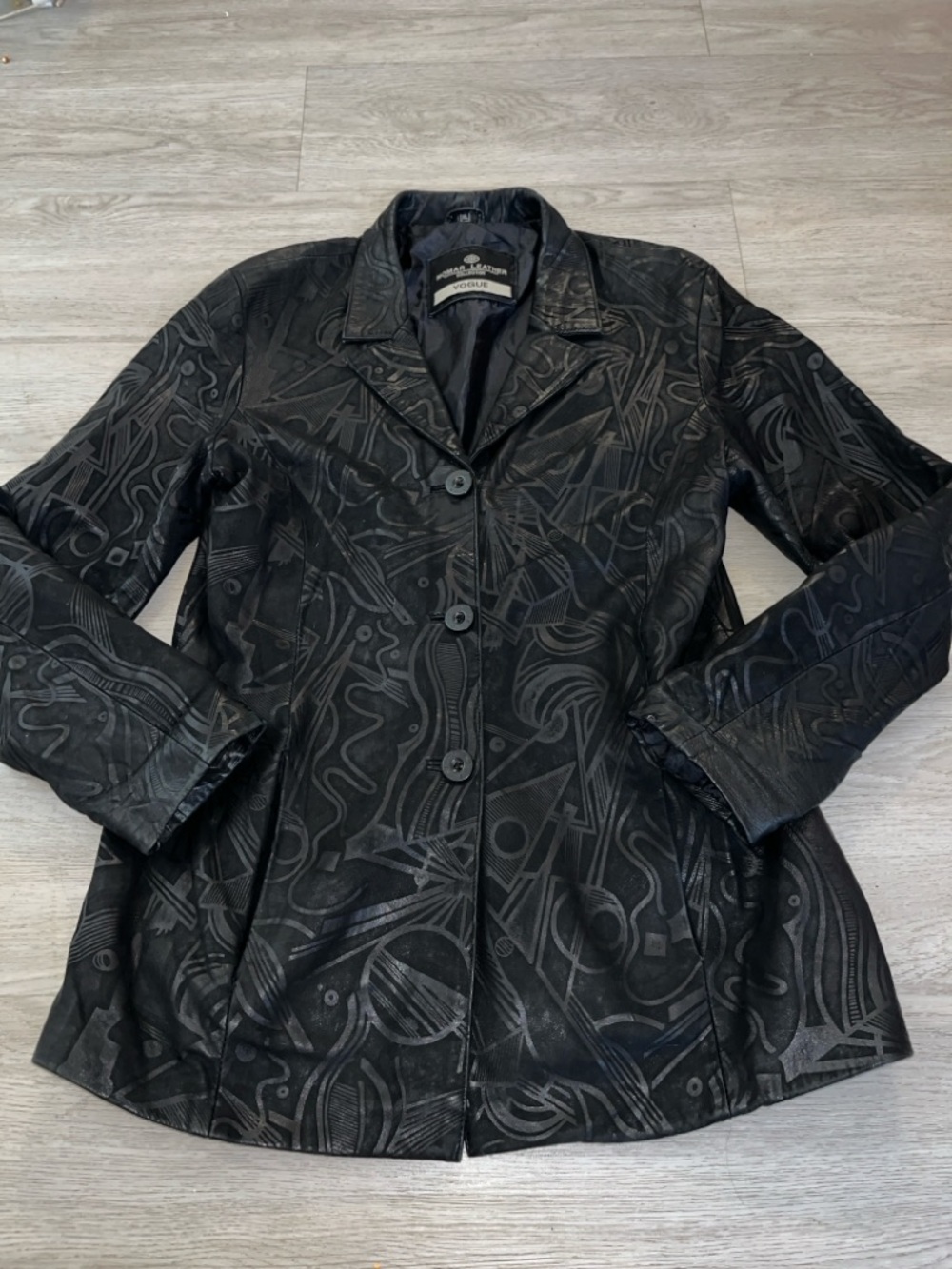 Vintage Nomar Leather Vogue Black Leather Abstract Jacquard Button-Front Jacket